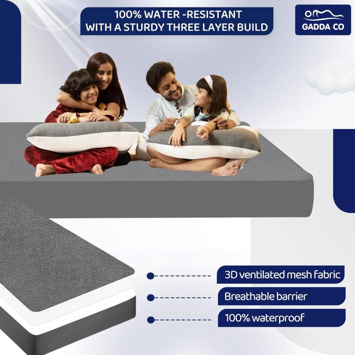 GADDA CO 100% Waterproof Premium Cotton Feel Mattress Protector King Size 78x72 Inch|Ultra Soft Breathable & Fitted Bed Protector Terry Cover Double Bed (6.5x6 feet, Fits 10 Inches, Grey)
