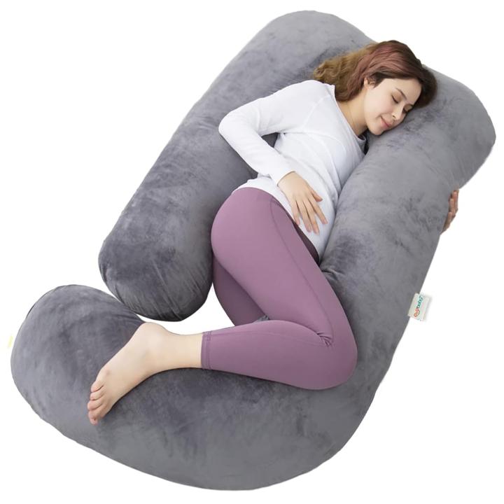OYO BABY Pregnancy Pillows for Sleeping J-Shape Full Body Pillow and Maternity Support - for Back, HIPS, Legs, Belly for Pregnant Women with Removable Washable Velvet Cover (Grey)